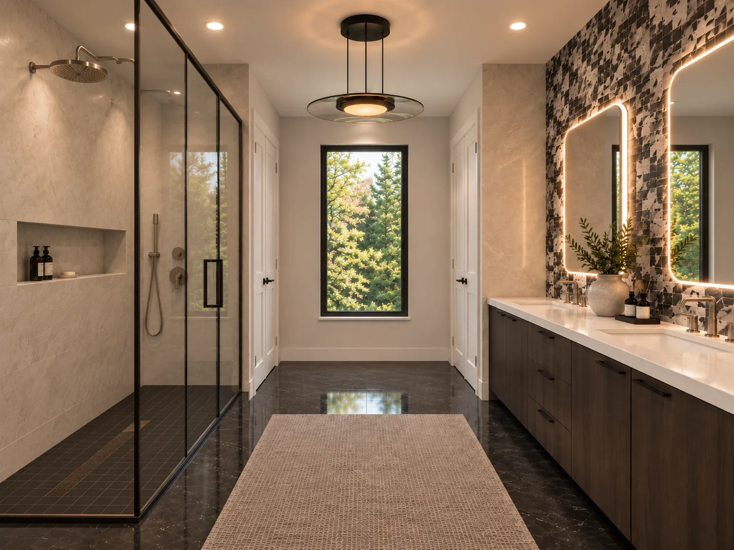 Bathroom rendering featuring natural stone and custom cabinetry