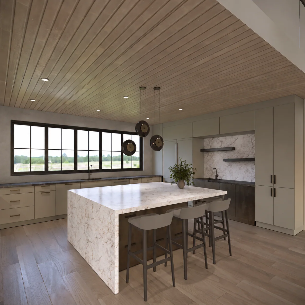 Open-plan kitchen interior rendering
