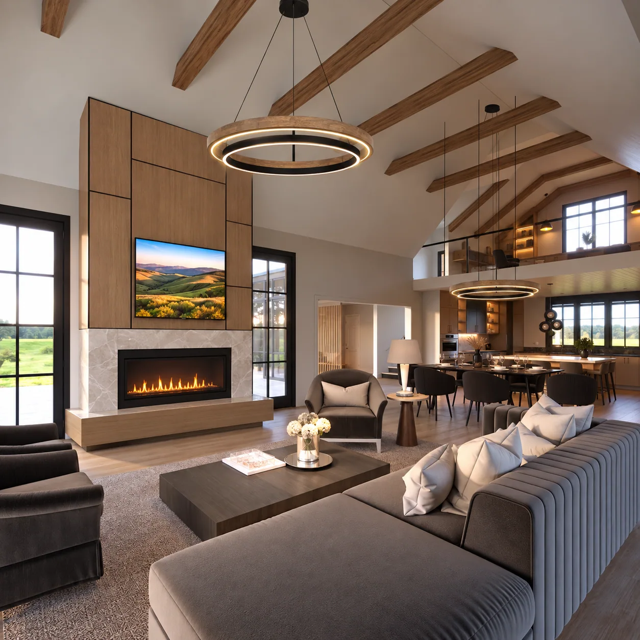 Architectural rendering of great room with custom fireplace and loft