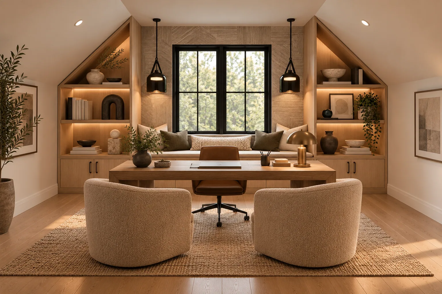 Loft workspace with bespoke built-in shelving