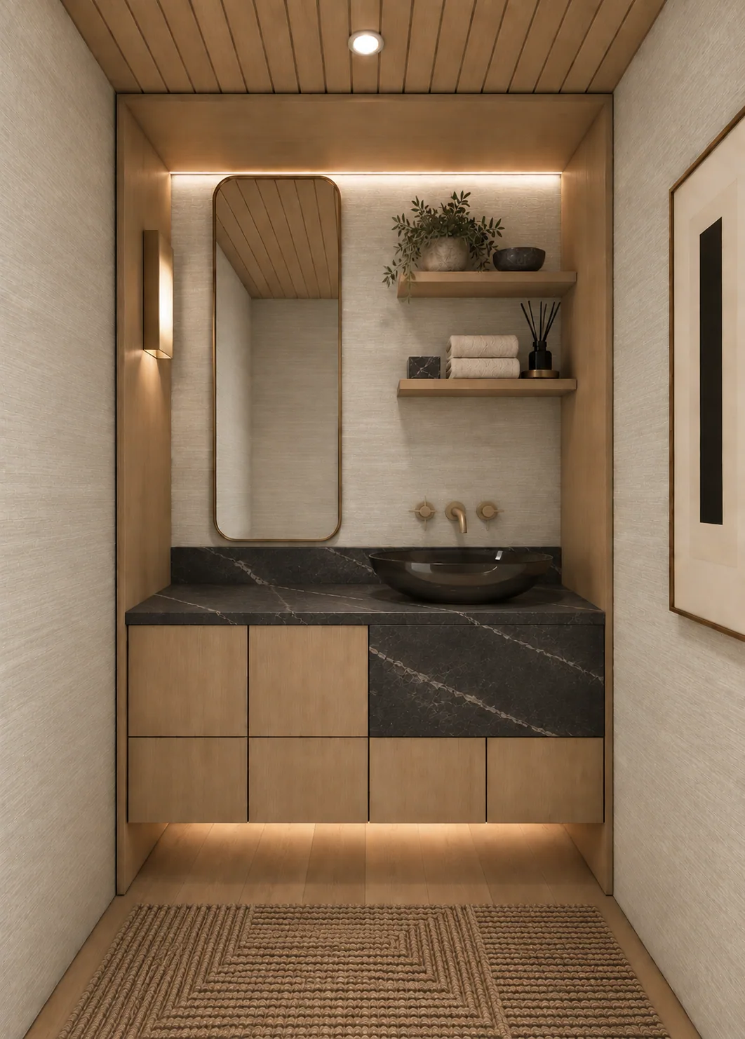Detailed powder room with floating wood vanity and stone