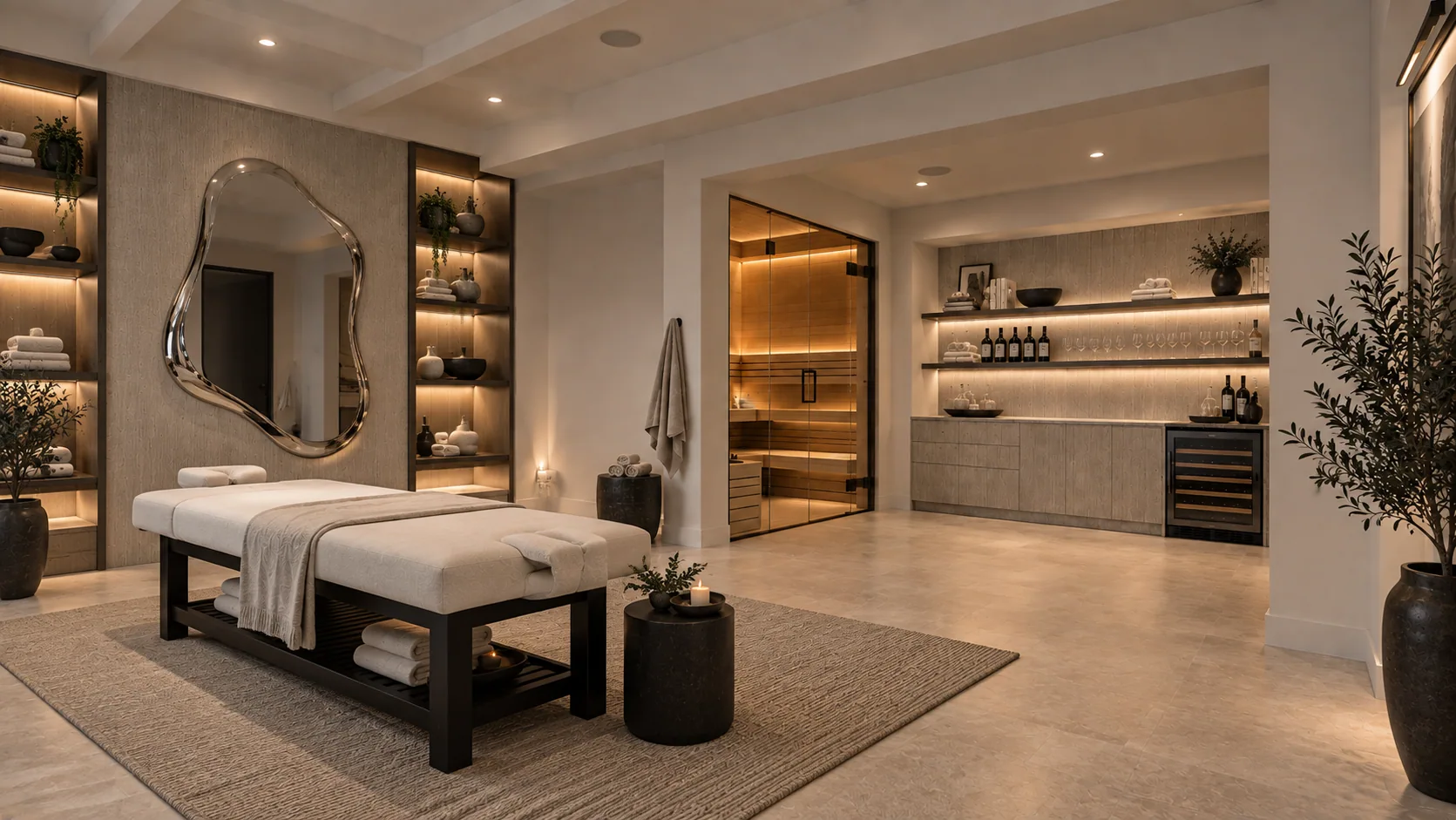 Warm spa room and sauna interior rendering